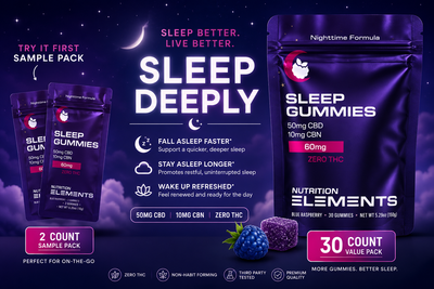 Advertisement for Sleep Gummies with packaging and text on a dark background