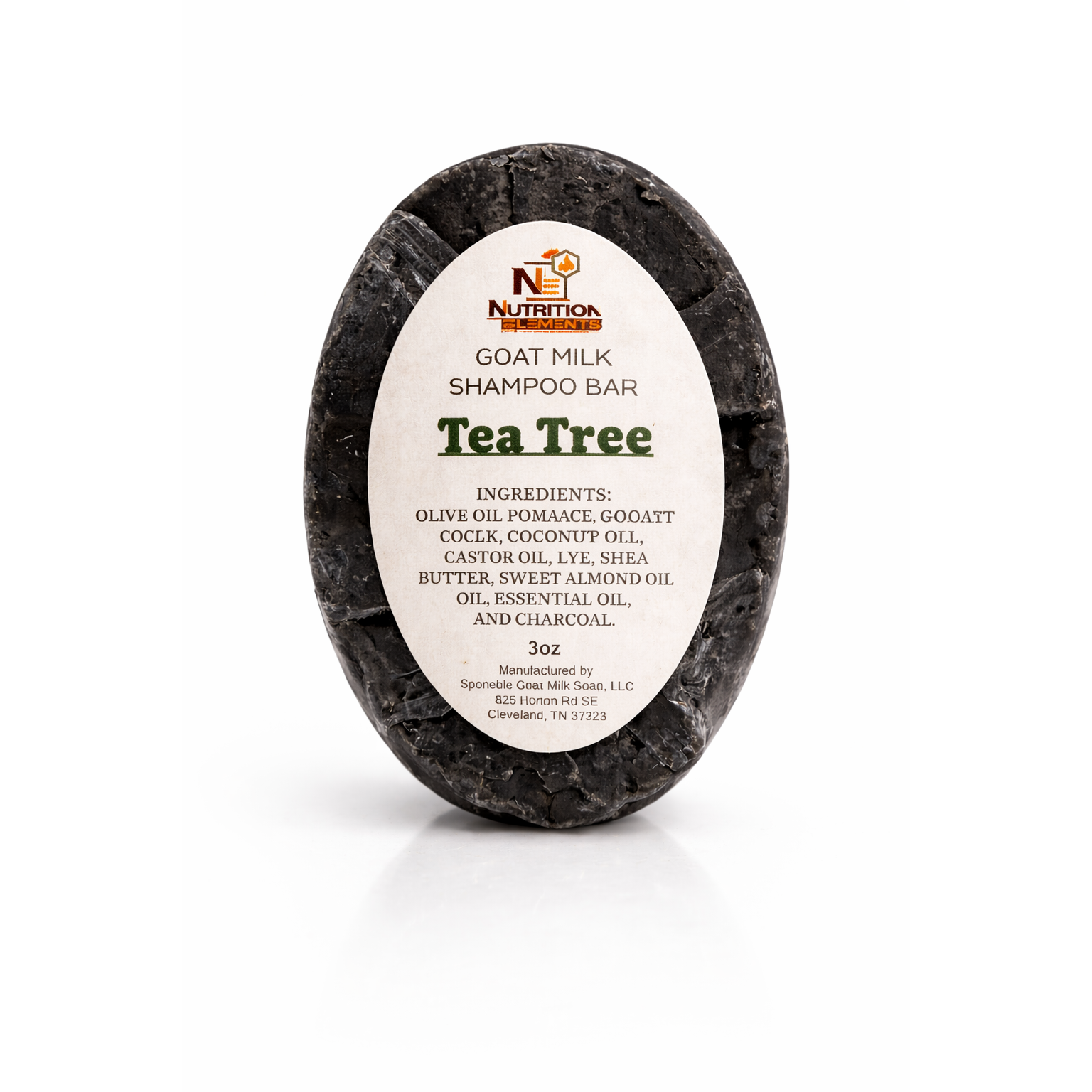 Goat milk shampoo bar with tea tree scent on a white background