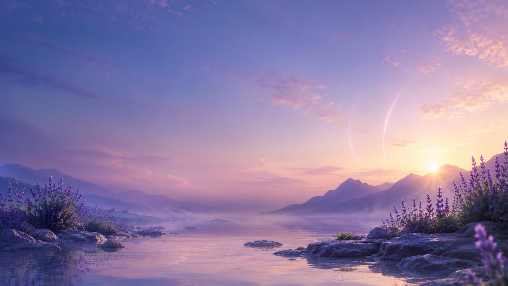 Peaceful mountain lake at sunrise with purple flowers and soft morning mist