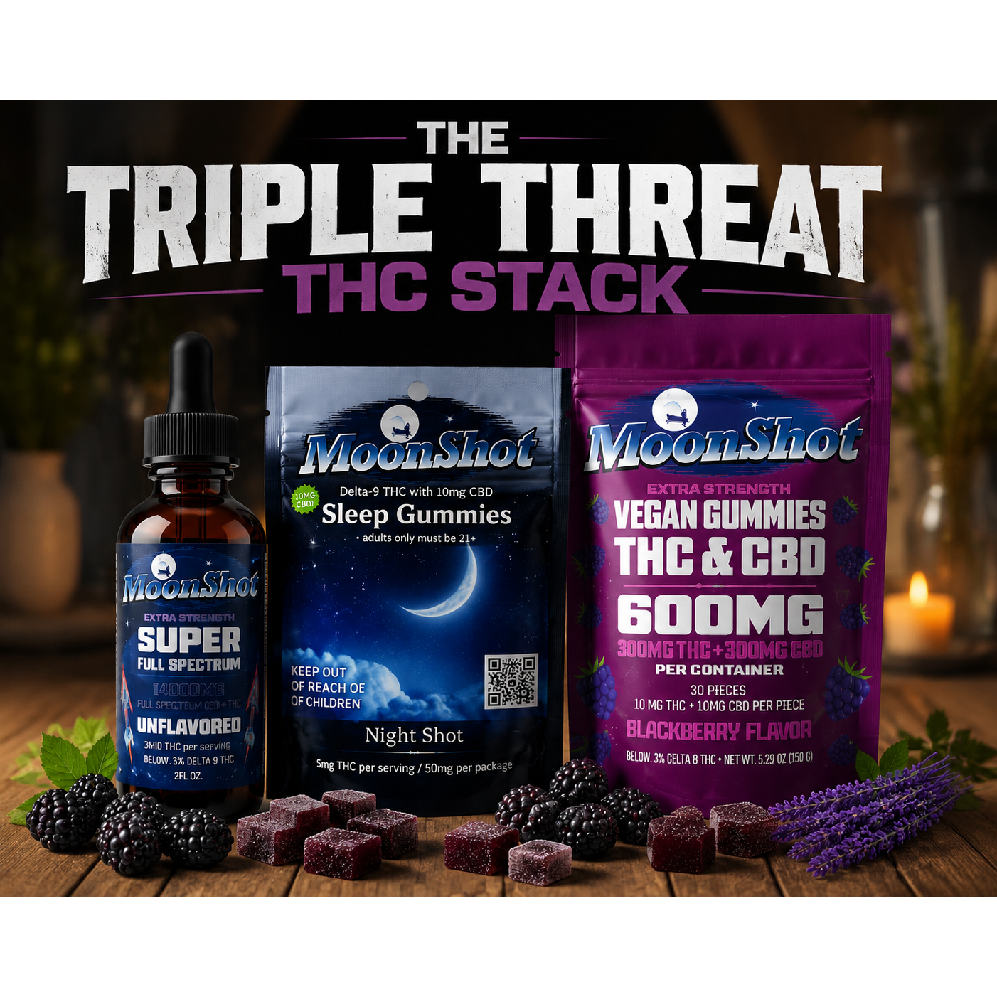 MoonShot THC and CBD products including gummies and a bottle on a wooden surface with a candle in the background.